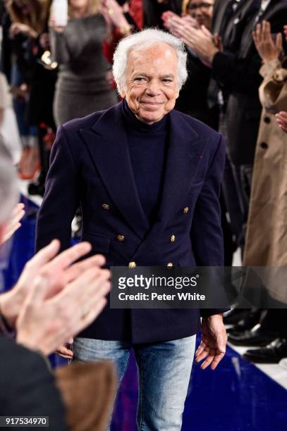 Designer Ralph Lauren greets attendees at Ralph Lauren Spring/Summer 18 fashion show during the New York Fashion Week on February 12, 2018 in New...