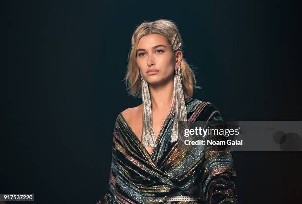 Hailey Baldwin walks the runway at the Zadig & Voltaire fashion show during New York Fashion Week at Cedar Lake Studios on February 12, 2018 in New...