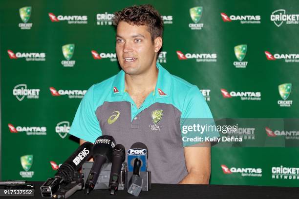 Alex Carey speaks to the media during a press conference at Quay West Hotel on February 13, 2018 in Melbourne, Australia.