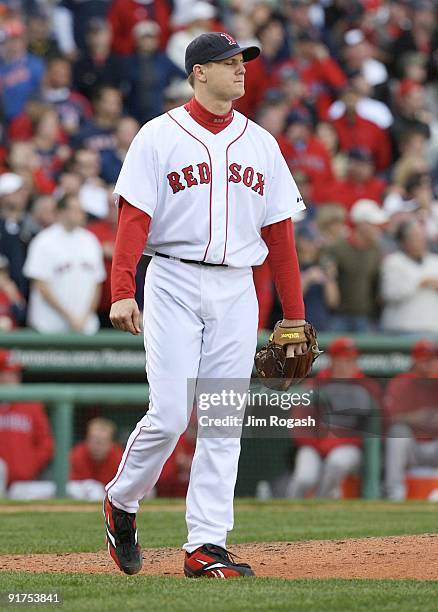 Pitcher Jonathan Papelbon of the Boston Red Sox reacts in the ninth inning after allowing a hit to Erick Aybar of the Los Angeles Angels of Anaheim...