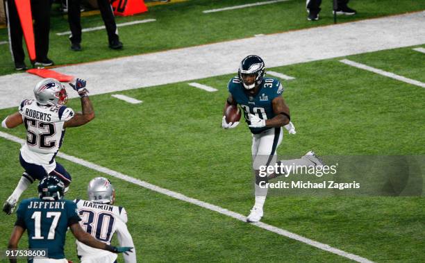 Corey Clement of the Philadelphia Eagles runs after making a reception during the game against the New England Patriots in Super Bowl LII at U.S....