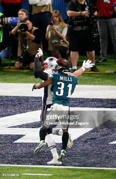 Jalen Mills of the Philadelphia Eagles breaks up a pass during the game against the New England Patriots in Super Bowl LII at U.S. Bank Stadium on...