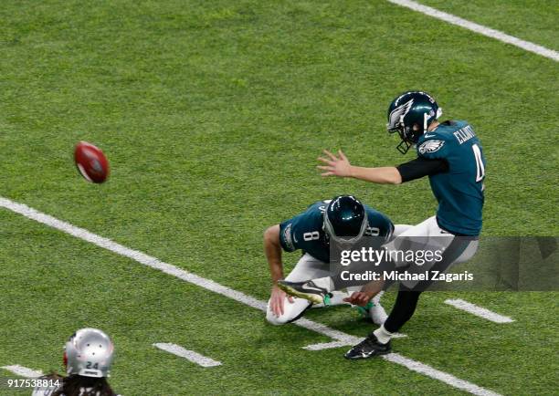 Jake Elliott of the Philadelphia Eagles kicks a 25-yard field goal during the game against the New England Patriots in Super Bowl LII at U.S. Bank...