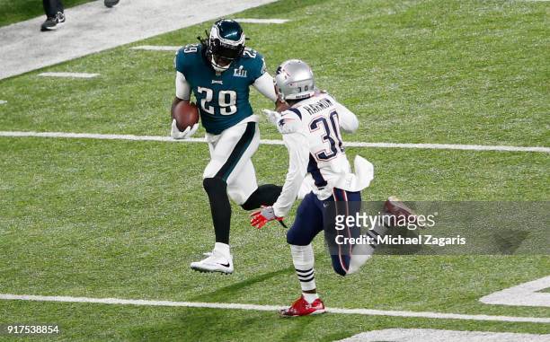 LeGarrette Blount of the Philadelphia Eagles rushes for a 36-yard gain during the game against the New England Patriots in Super Bowl LII at U.S....
