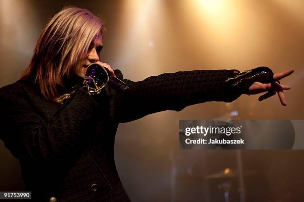 Singer Strify of the German rock band Cinema Bizarre performs live during a concert at the Postbahnhof on October 11, 2009 in Berlin, Germany. The...