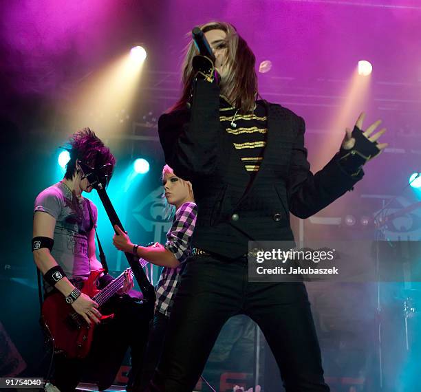 Guitarist Yu, bassist Kiro and singer Strify of the German rock band Cinema Bizarre perform live during a concert at the Postbahnhof on October 11,...