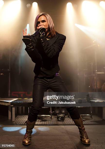 Singer Strify of the German rock band Cinema Bizarre performs live during a concert at the Postbahnhof on October 11, 2009 in Berlin, Germany. The...