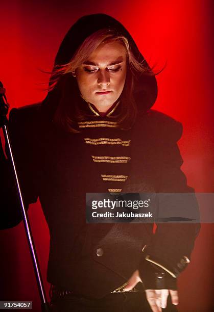Singer Strify of the German rock band Cinema Bizarre performs live during a concert at the Postbahnhof on October 11, 2009 in Berlin, Germany. The...