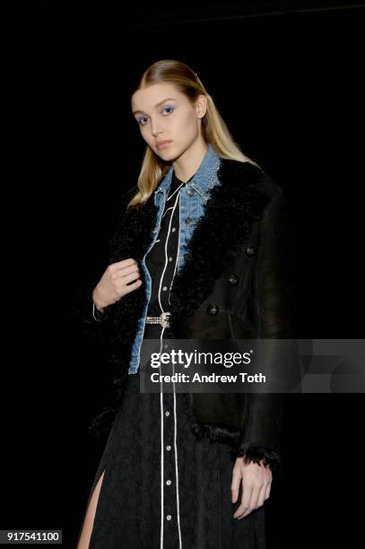 Model poses on the runway for the Veronica Beard Fall 2018 presentation at Highline Stages on February 12, 2018 in New York City.