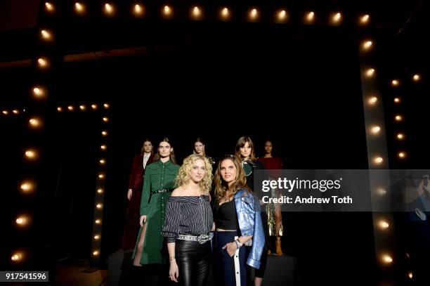 Designers Veronica Swanson Beard and Veronica Miele Beard pose with models at the runway for the Veronica Beard Fall 2018 presentation at Highline...