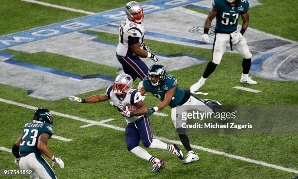 James White of the New England Patriots rushes to the end zone for a 26-yard touchdown during the game against the Philadelphia Eagles in Super Bowl...