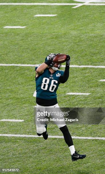 Zach Ertz of the Philadelphia Eagles makes a reception for a seven-yard gain during the game against the New England Patriots in Super Bowl LII at...