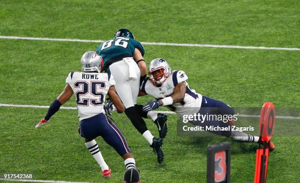 Zach Ertz of the Philadelphia Eagles makes a reception for a 14-yard gain during the game against the New England Patriots in Super Bowl LII at U.S....