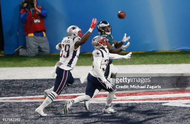 Corey Clement of the Philadelphia Eagles makes a reception for a 22-yard touchdown during the game against the New England Patriots in Super Bowl LII...