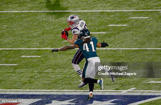 Chris Hogan of the New England Patriots makes a reception for a 16-yard gain during the game against the Philadelphia Eagles in Super Bowl LII at...