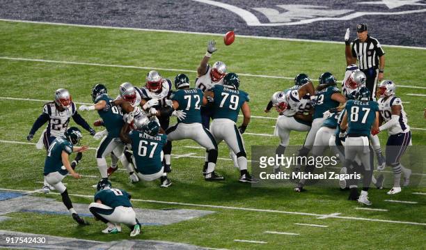 Jake Elliott of the Philadelphia Eagles kicks a PAT during the game against the New England Patriots in Super Bowl LII at U.S. Bank Stadium on...