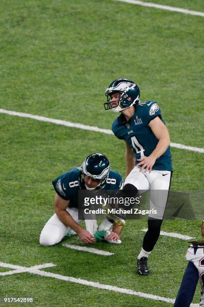Jake Elliott of the Philadelphia Eagles kicks a 46-yard field goal during the game against the New England Patriots in Super Bowl LII at U.S. Bank...