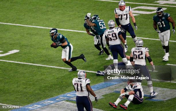 Derek Barnett of the Philadelphia Eagles celebrates after recovering a fumble during the game against the New England Patriots in Super Bowl LII at...