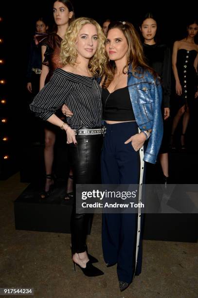 Designers Veronica Swanson Beard and Veronica Miele Beard pose with models at the runway for the Veronica Beard Fall 2018 presentation at Highline...