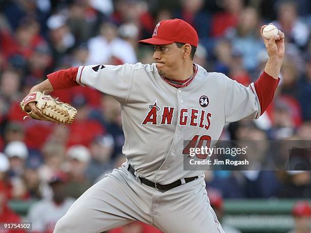 Closer Brian Fuentes of the Los Angeles Angels of Anaheim on the mound in the ninth inning against the Boston Red Sox to win Game Three and the ALDS...