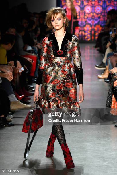 Model walks the runway for Anna Sui during New York Fashion Week: The Shows at Gallery I at Spring Studios on February 12, 2018 in New York City.