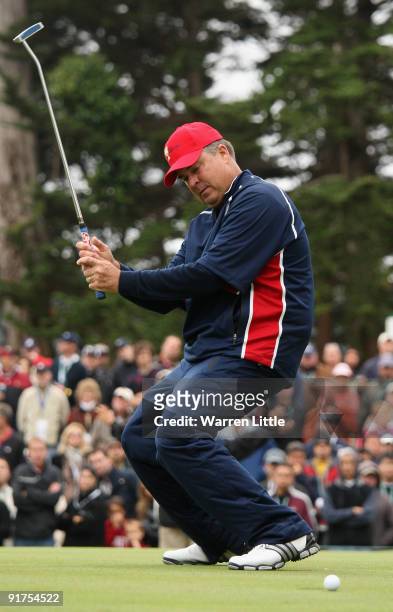 Kenny Perry of the USA Team reacts to a missed putt on the 13th green during the Day Four Singles Matches of The Presidents Cup at Harding Park Golf...