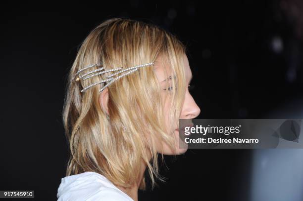 Hailey Baldwin, hair detail, poses backstage for the Zadig & Voltaire fashion show during New York Fashion Week at Cedar Lake Studios on February 12,...
