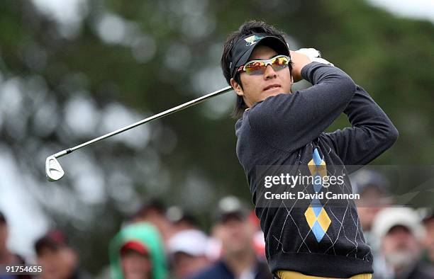 Ryo Ishikawa of Japan and the International Team on the second tee during the Day Four Singles Matches in The Presidents Cup at Harding Park Golf...