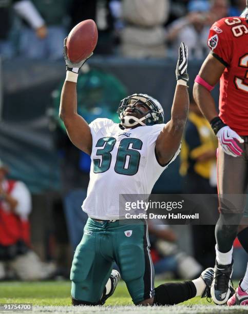 Running back Brian Westbrook of the Philadelphia Eagles celebrates a touchdown during the game against the Tampa Bay Buccaneers on October 11, 2009...