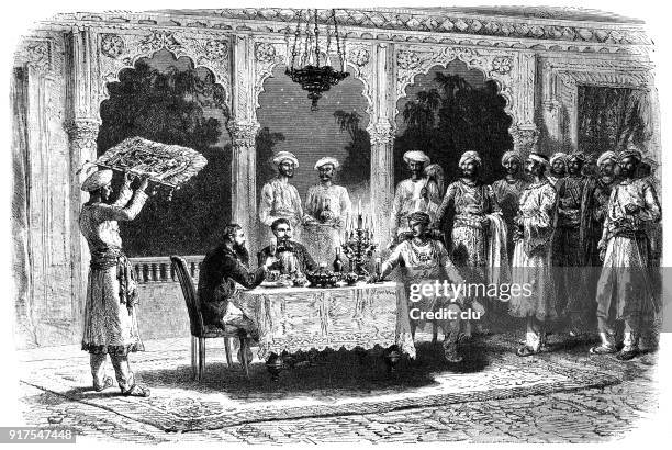 a meal at the radshah of myhere, india - fans eating stock illustrations