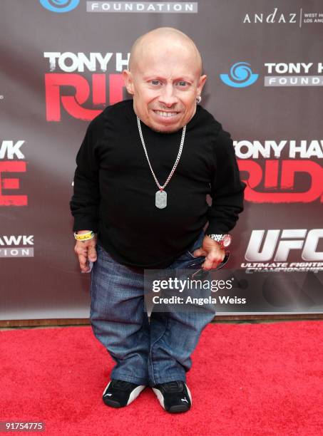 Actor Verne Troyer arrives to the 'Tony Hawk: Ride Presents Stand Up For Skateparks' Benefit held at the Green Acres Estate on October 11, 2009 in...