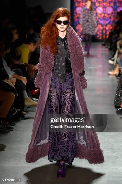 Model walks the runway for Anna Sui during New York Fashion Week: The Shows at Gallery I at Spring Studios on February 12, 2018 in New York City.
