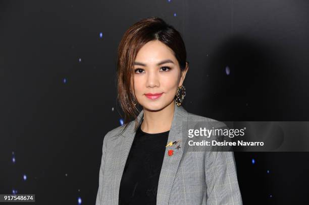 Ella Chen poses backstage at the Zadig & Voltaire fashion show during New York Fashion Week at Cedar Lake Studios on February 12, 2018 in New York...