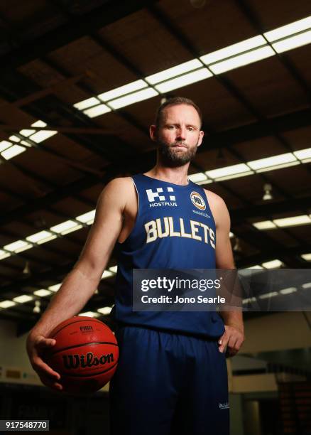 Anthony Petrie of the Brisbane Bullets poses during a portrait session on February 13, 2018 in Brisbane, Australia. Petrie will play his last home...