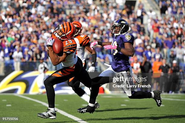 Leon Hall of the Cincinnati Bengals picks off a last second pass to effectively end the game against the Baltimore Ravens at M&T Bank Stadium on...