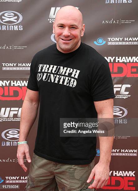 President Dana White arrives to the 'Tony Hawk: Ride Presents Stand Up For Skateparks' Benefit held at the Green Acres Estate on October 11, 2009 in...