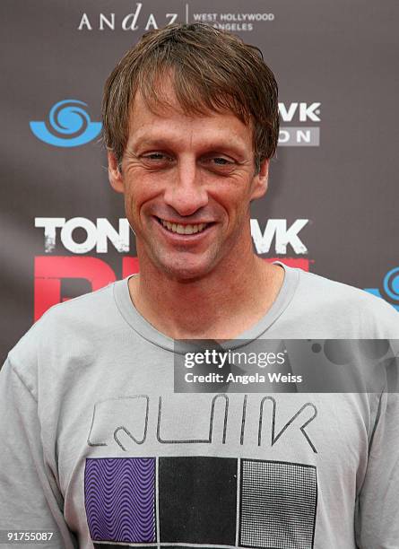 Pro Skateboarder Tony Hawk arrives to his 'Tony Hawk: Ride Presents Stand Up For Skateparks' Benefit held at the Green Acres Estate on October 11,...