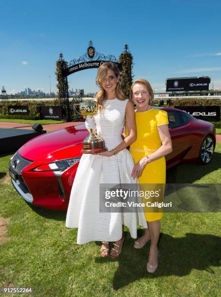 Kate Waterhouse and mother Gai Waterhouse pose with the 2018 Melbourne Cup during the VRC Melbourne Cup Sponsorship Announcement at Flemington...