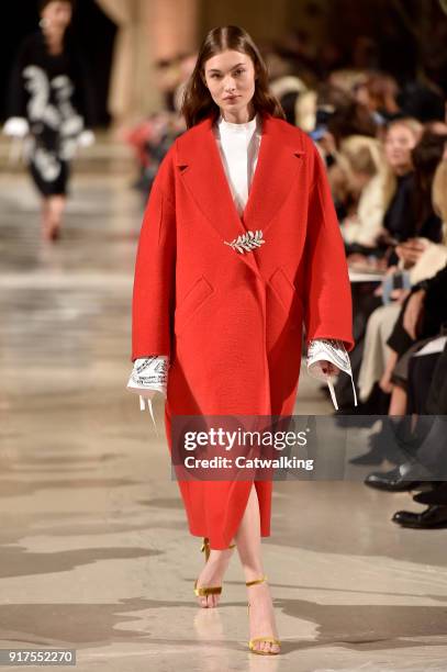 Model walks the runway at the Oscar de la Renta Autumn Winter 2018 fashion show during New York Fashion Week on February 12, 2018 in New York, United...