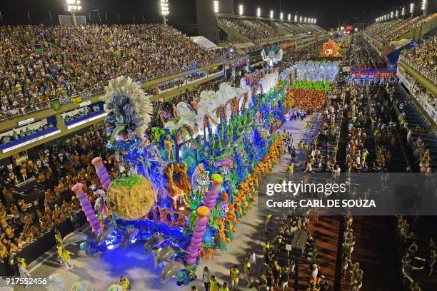 Revellers of the Unidos da Tijuca samba school perform during the second night of Rio's Carnival at the Sambadrome in Rio de Janeiro, Brazil, on...