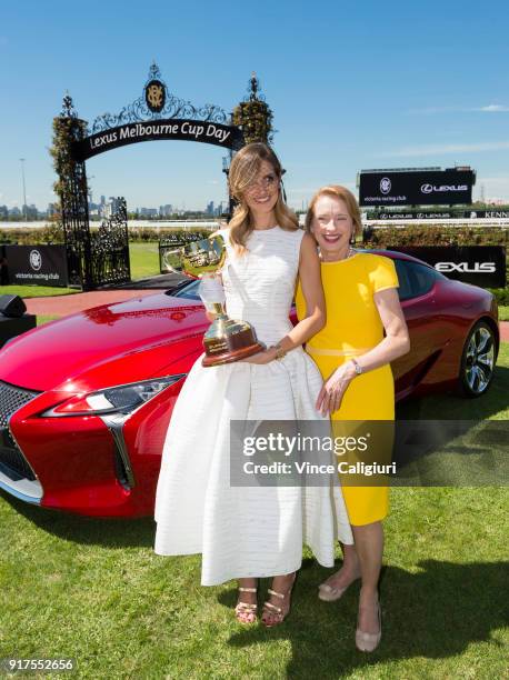 Kate Waterhouse and mother Gai Waterhouse pose with the 2018 Cup during the VRC Melbourne Cup Sponsorship Announcement at Flemington Racecourse on...