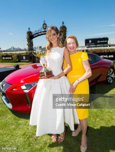 Kate Waterhouse and mother Gai Waterhouse pose with the 2018 Cup during the VRC Melbourne Cup Sponsorship Announcement at Flemington Racecourse on...