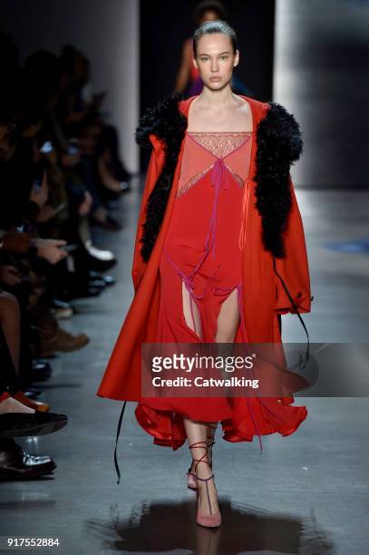 Model walks the runway at the Prabal Gurung Autumn Winter 2018 fashion show during New York Fashion Week on February 11, 2018 in New York, United...