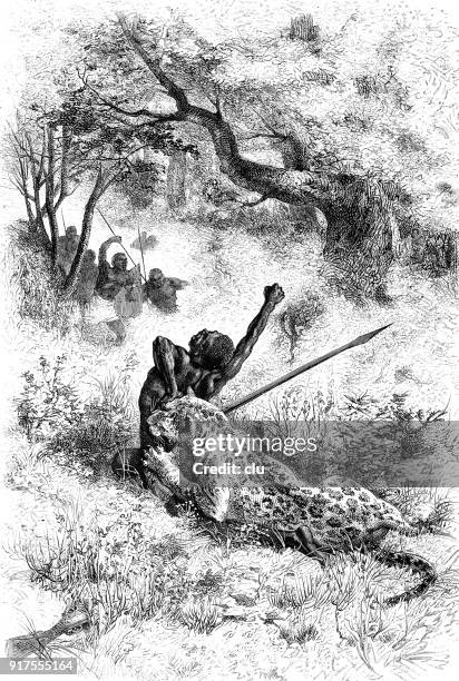 leopard attacks a hunter - cat chewing stock illustrations