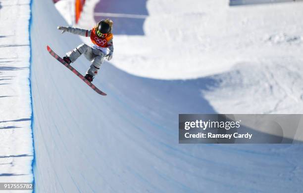 Pyeongchang-gun , South Korea - 13 February 2018; Chloe Kim of USA in action during the Snowboard Ladies Halfpipe Final on day four of the Winter...