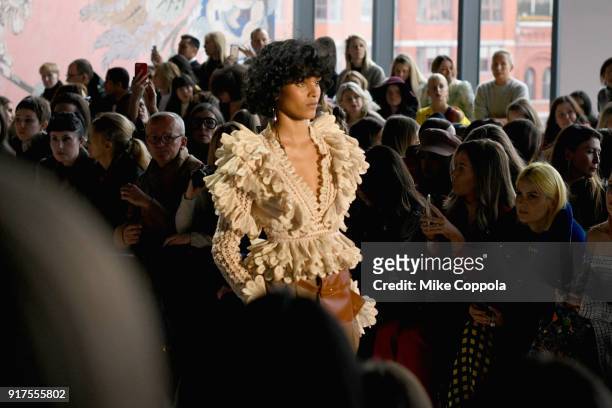 Model walks the runway at the Anna Sui runway show during IMG NYFW: The Shows at Spring Studios on February 12, 2018 in New York City.