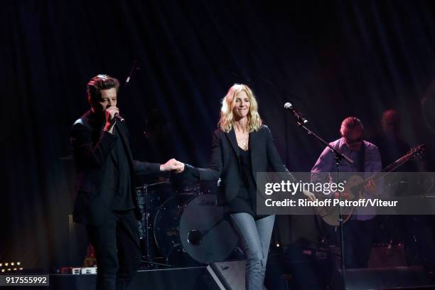 Benjamin Biolay and Sandrine Kiberlain perform during the Charity Gala against Alzheimer's disease at Salle Pleyel on February 12, 2018 in Paris,...