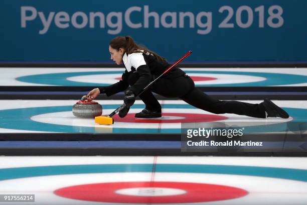 Anastasia Bryzgalova of Olympic Athletes from Russia delivers a stone against Norway during the Curling Mixed Doubles Bronze Medal Game on day four...