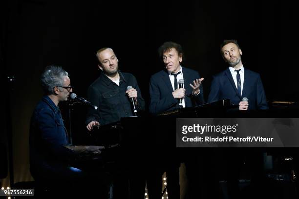 Vincent Delerm, Charles 'Ours' Souchon, Alain Souchon and Pierre Souchon perform during the Charity Gala against Alzheimer's disease at Salle Pleyel...