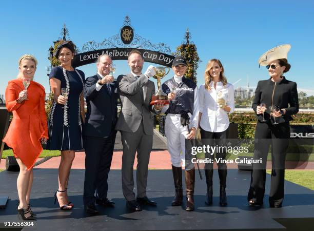 Emma Freedman, Megan Gale, Neil Perry, Scott Thompson Francesca Cumani, Kate Waterhouse and Amanda Elliott VRC Chairman pose during the VRC Melbourne...